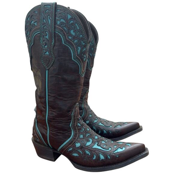 Ariat Presidio Chocolate Brown Turquoise Leather Boots Style 10008754 Size 6.5 - Picture 1 of 16